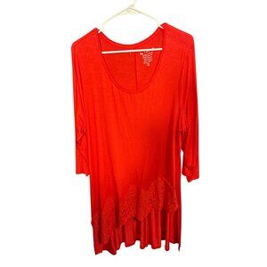 Chicos Womens Red 3/4 Sleeve  With Lace Hem Detail Size XL Rayon & Spandex Blend
